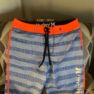 Hurley Blue and White Striped Shorts with Neon Orange Trim